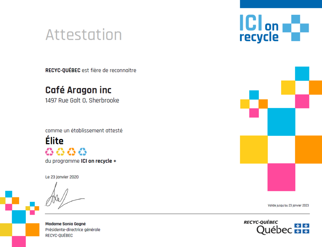 Attestation Élite de Recyc-Québec octroyée au Café Aragon